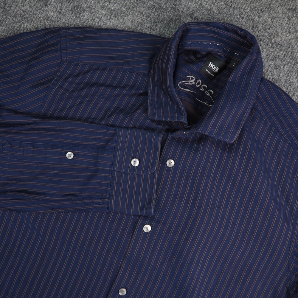Hugo Boss Button Up Shirt Mens Small Regular Fit Navy Blue Striped Business‎
